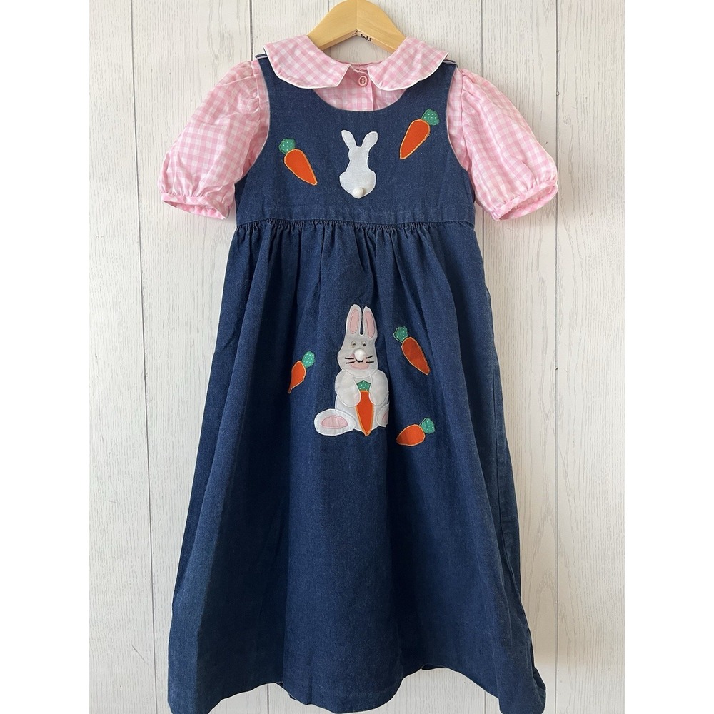 Vintage 1980's Jumper Denim Dress Blouse Set Easter Bunny Rabbit Gingham‎ 5/6/7